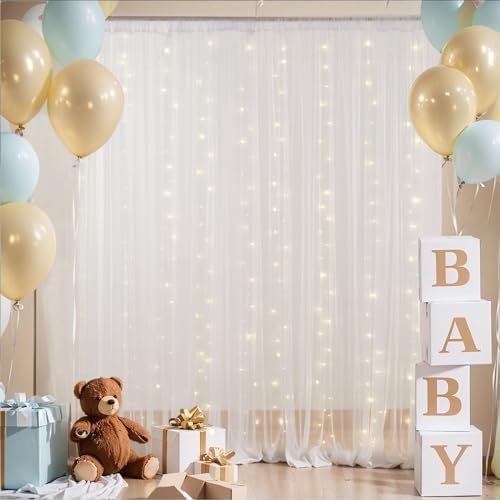 10×8ft White Tulle Curtain Backdrop with Lights String for Parites, Sheer Backdrop Curtain Drapes for Wedding, alternate view