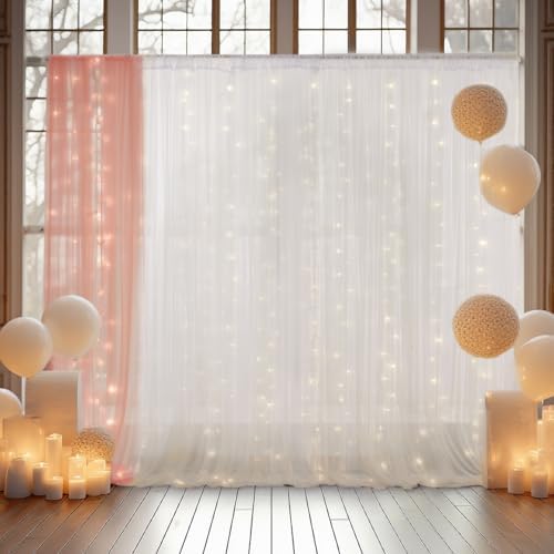 10×8ft White Tulle Curtain Backdrop with Lights String for Parites, Sheer Backdrop Curtain Drapes for Wedding, alternate view