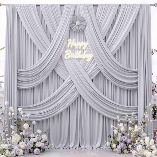 10 ft x 10 ft Wrinkle Free Silver Backdrop Curtain for Parties, Polyester Silver Grey Backdrop Drapes 2 Panels, alternate