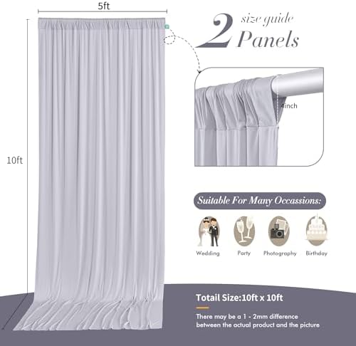 10 ft x 10 ft Wrinkle Free Silver Backdrop Curtain for Parties, Polyester Silver Grey Backdrop Drapes 2 Panels, alternate