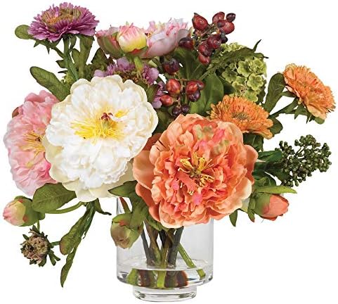 10 in Artificial Peony Arrangement in Glass Vase in Assorted
