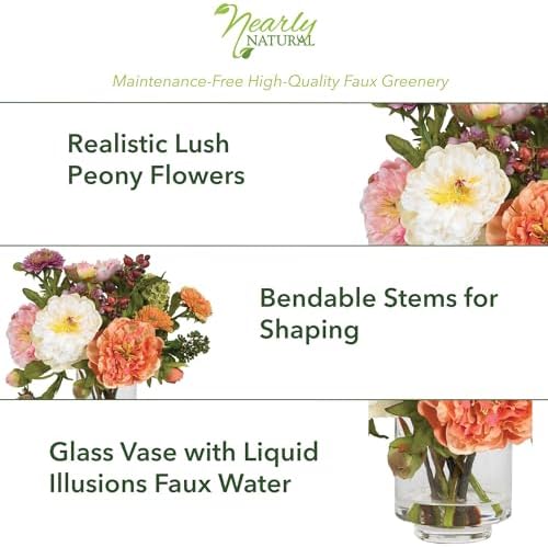 10 in Artificial Peony Arrangement in Glass Vase in Assorted, alternate view 2