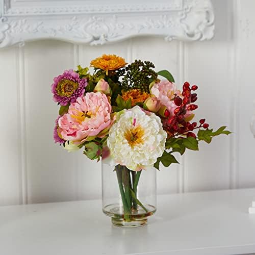 10 in Artificial Peony Arrangement in Glass Vase in Assorted, alternate view 3