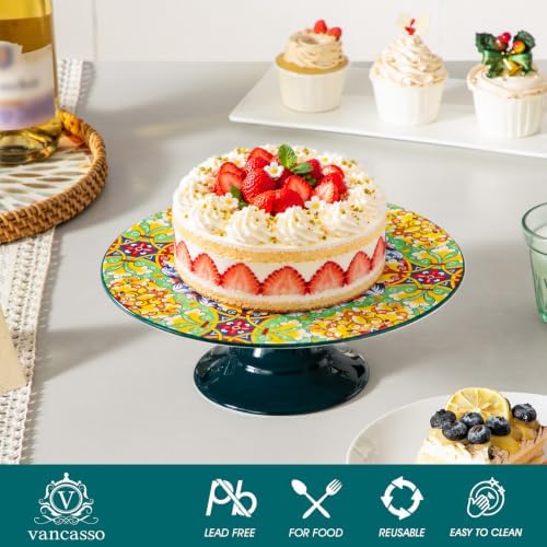 10 Inch Porcelain Cake Stand, Colorful Design, Golden Bloom in Golden Bloom, alternate view 4