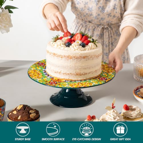 10 Inch Porcelain Cake Stand, Colorful Design, Golden Bloom in Golden Bloom, alternate view 5