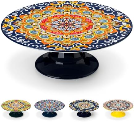 10 Inch Porcelain Cake Stand, Colorful Design, Regal Bloom in Regal Bloom