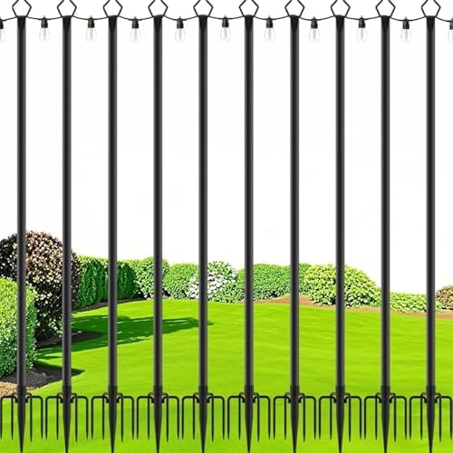 10 Pack 10Ft String Light Poles, Light Poles for Outside Lights with Fork, Outdoor Brackets Hanging Lights