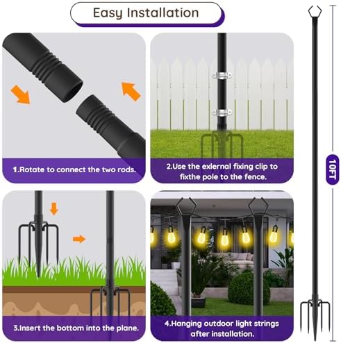 10 Pack 10Ft String Light Poles, Light Poles for Outside Lights with Fork, Outdoor Brackets Hanging Lights, alternate view 6