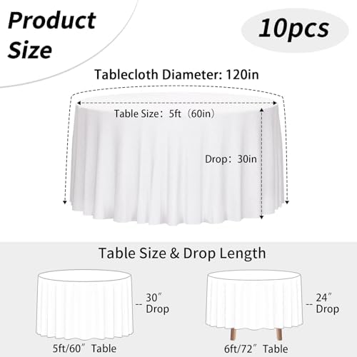 10 Pack 120 Inch Tablecloths Round White Table Cover in White, alternate view 3