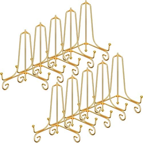10 Pack 6 Inch Iron Plate Stands for Display, Gold Easel Stands for Photo, Picture Frame, Decorative Plate
