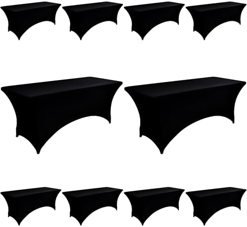 10-Pack 6ft Black Spandex Table Covers for Rectangle Standard Folding Tables - Wrinkle Resistant Stretch