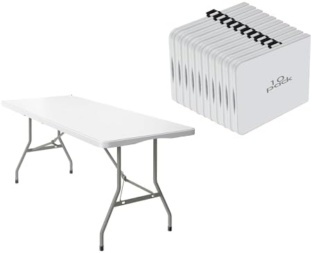 10 Pack 6FT Folding Tables, Heavy Duty, Carry Handle, White in White