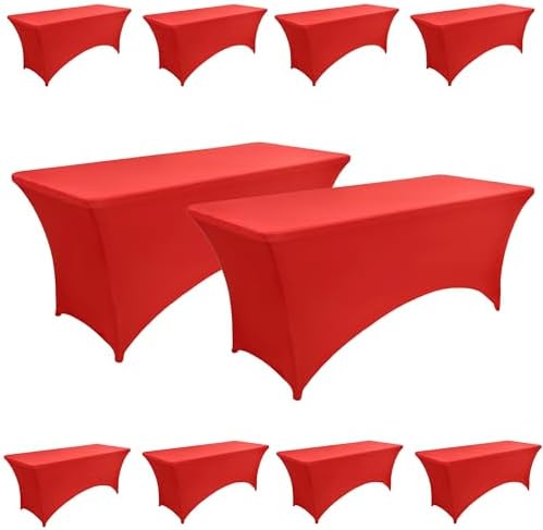 10-Pack 6ft Red Spandex Table Covers for Rectangle Standard Folding Tables - Wrinkle Resistant Stretch