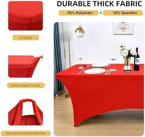 10-Pack 6ft Red Spandex Table Covers for Rectangle Standard Folding Tables - Wrinkle Resistant Stretch, alternate view 3