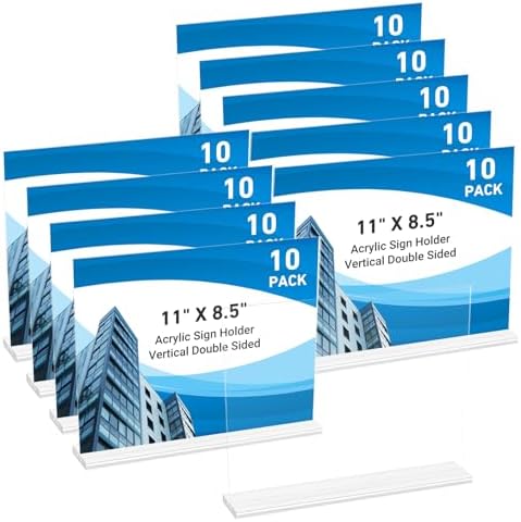 10 Pack Acrylic Sign Holder 11 x 8.5 Horizontal, Double-Sided Clear Sign Holder Plastic Stands for Display, T
