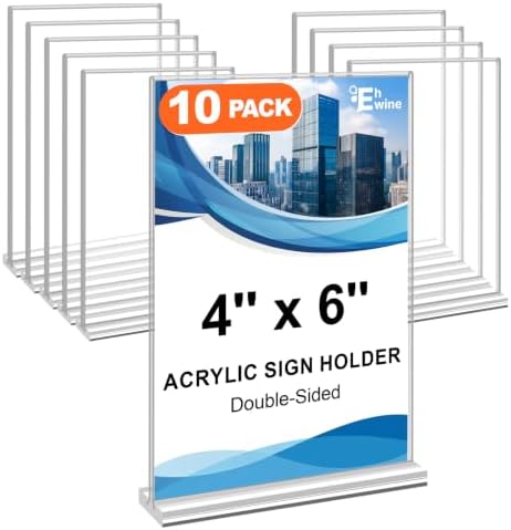 10 Pack Acrylic Sign Holder 4x6, Double-Sided Stand up Table Top Sign Holders, Clear Acrylic Picture Frame Paper