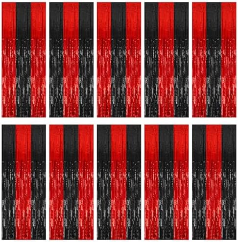10 Pack Black and Red Backdrop Party Decorations Tinsel Curtain Halloween Party Streamer Foil Fringe Birthday