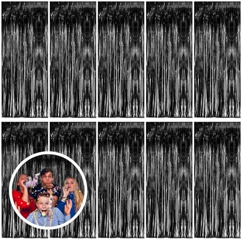 10 Pack Black Party Streamers Backdrop Tinsel Foil Fringe Curtains Halloween Birthday Party Decorations