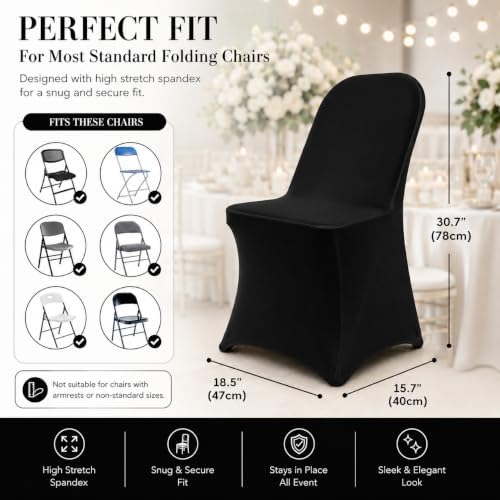 10 Pack Black Spandex Folding Chair Covers, Stretch Polyester Slipcovers for Wedding, Party & Dining Chairs, alternate view 2