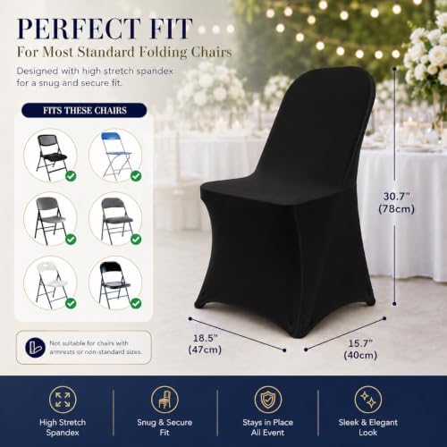 10 Pack Black Spandex Folding Chair Covers, Stretch Polyester Slipcovers for Wedding, Party & Dining Chairs, alternate view 3