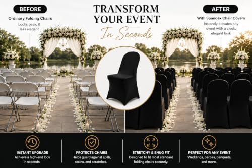 10 Pack Black Spandex Folding Chair Covers, Stretch Polyester Slipcovers for Wedding, Party & Dining Chairs, alternate view 6