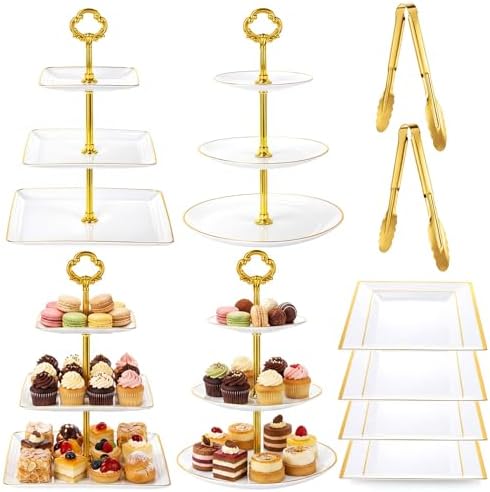 10 Pack Cake Stand Set Cake Stand with Gold Rim, Flower Top in gold, white