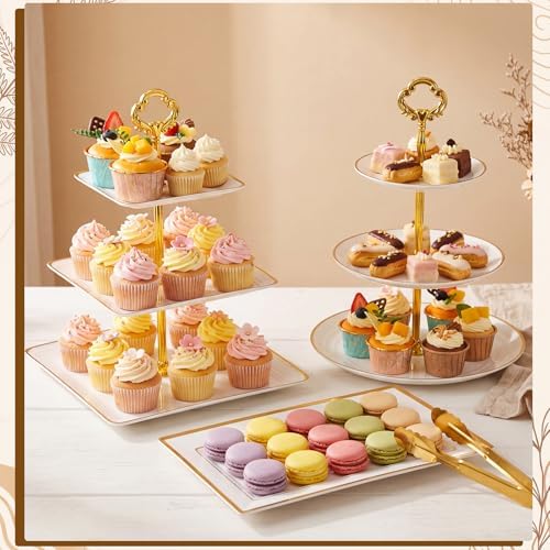 10 Pack Cake Stand Set Cake Stand with Gold Rim, Flower Top in gold, white, alternate view 2