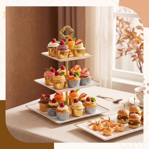 10 Pack Cake Stand Set Cake Stand with Gold Rim, Flower Top in gold, white, alternate view 6