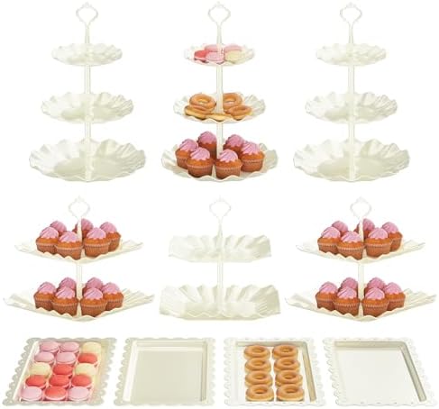 10 Pack Cake Stand Set with 3 x Two-Tier and 3 x Three-Tier Cupcake Stands, Plastic Dessert Table Stand Set 3