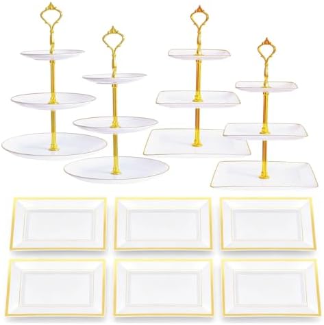 10 Pack Dessert Table Display Set, 4x Cupcake Stands & 6x Serving Trays in Gold and White