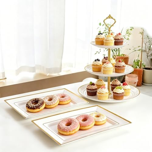 10 Pack Dessert Table Display Set, 4x Cupcake Stands & 6x Serving Trays in Gold and White, alternate view 2