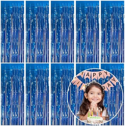 10 Pack Foil Curtain Backdrop Blue Metallic Tinsel Foil Fringe Curtains Photo Booth Props for Birthday Wedding