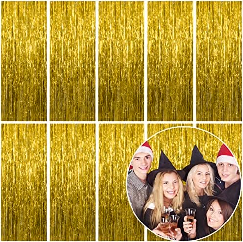 10 Pack Foil Curtain Backdrop Gold Metallic Tinsel Foil Fringe Curtains Photo Booth Props for Birthday Wedding