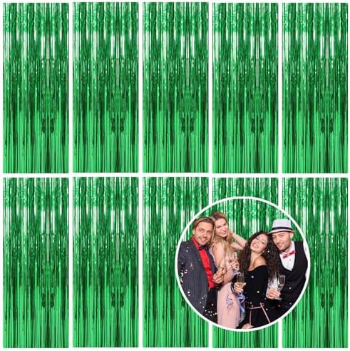 10 Pack Foil Curtain Backdrop Green Metallic Tinsel Foil Fringe Curtains Photo Booth Props for Birthday Wedding