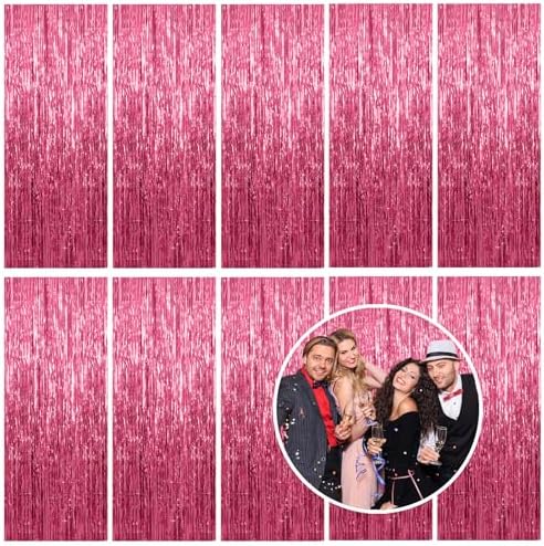 10 Pack Foil Curtain Backdrop Pink Metallic Tinsel Foil Fringe Curtains Photo Booth Props for Birthday Wedding