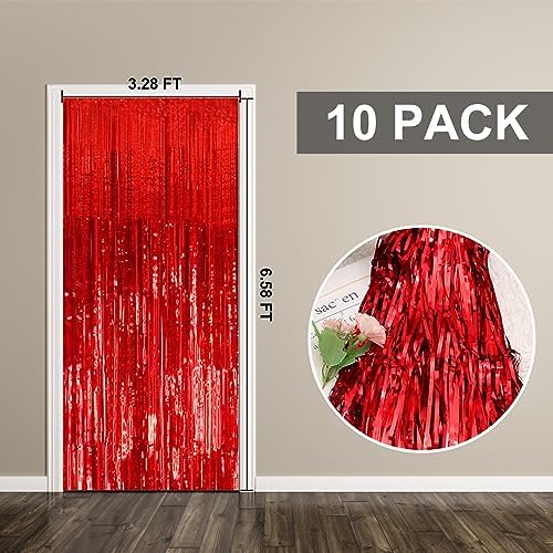 10 Pack Foil Curtain Backdrop Red Metallic Tinsel Foil Fringe Curtains Photo Booth Props for Birthday Wedding, alternate view