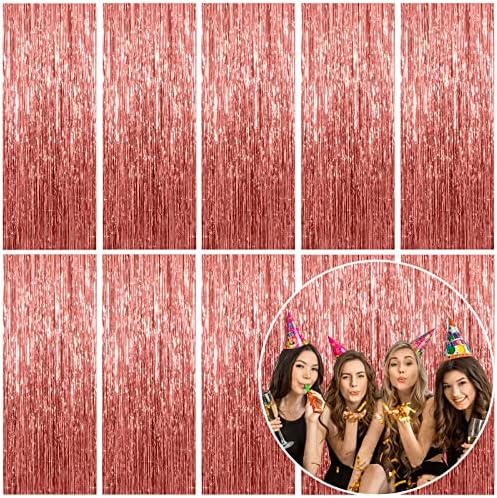 10 Pack Foil Curtain Backdrop Rose Gold Metallic Tinsel Foil Fringe Curtains Photo Booth Props for Birthday