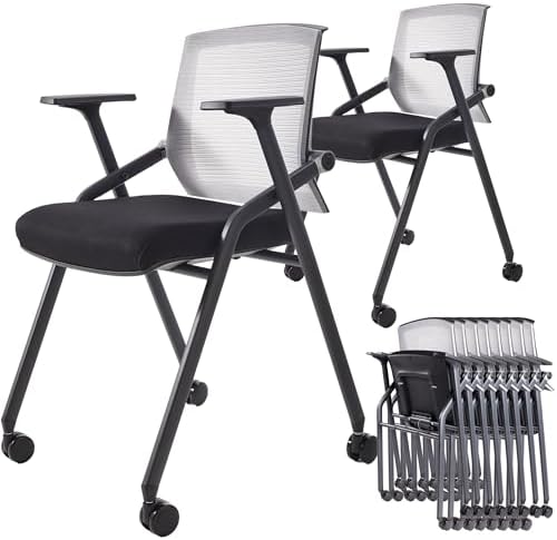 10 Pack Foldable Office Chair with PU Wheels and Sliding Armrest-Ergonomic Mesh Bouncing Back, Stackable