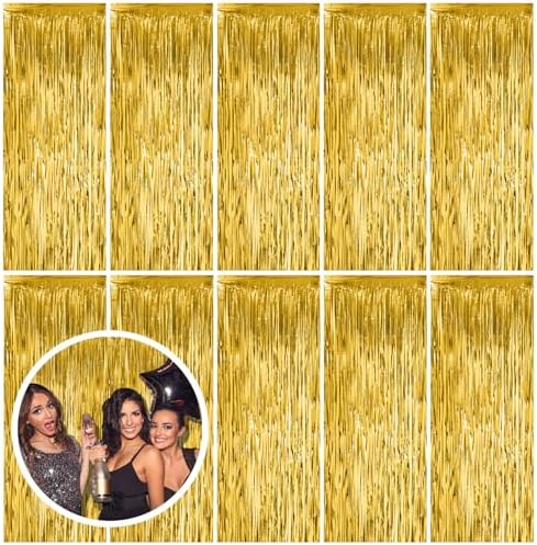 10 Pack Gold Fringe Curtain Backdrop Tinsel Streamers Birthday Party Decorations Christmas Photo Booth Backdrop