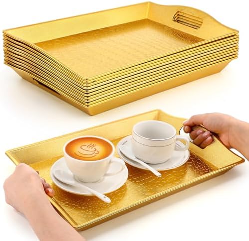 10 Pack Gold Plastic Rectangle Serving Trays with Handles 15x9 in Gold