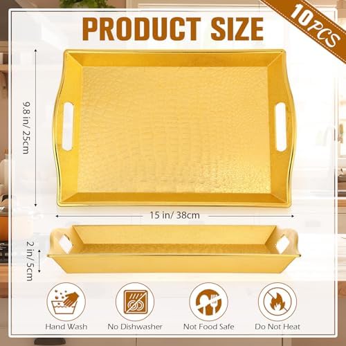 10 Pack Gold Plastic Rectangle Serving Trays with Handles 15x9 in Gold, alternate view 3