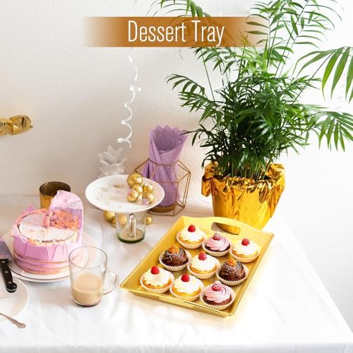 10 Pack Gold Plastic Rectangle Serving Trays with Handles 15x9 in Gold, alternate view 5