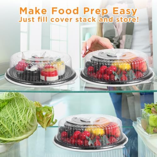 10 Pack Heavy Duty 12-Inch Catering Trays with Clear Lids - Durable PET Plastic Round Serving Platters for, alternate view 4