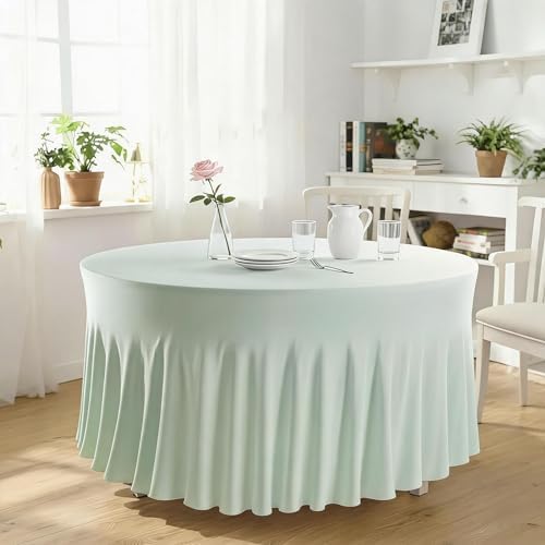 10 Pack Ivory Green Round Spandex Tablecloths for 60in Tables, 120 Inch Stretch Fitted Table Skirts, alternate view 2