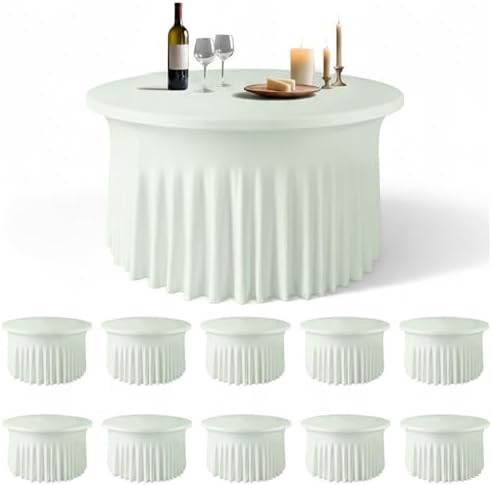 10 Pack Ivory Green Round Spandex Tablecloths for 60in Tables, 120Inch Stretchy Fitted 5FT Round Table Clothes