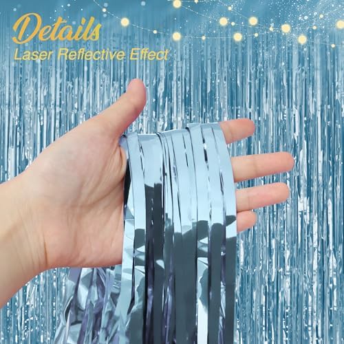 10 Pack Light Blue Fringe Backdrop, 3.2x8.2ft Shining Foil Tinsel Curtains, Birthday Party Decorations Door, alternate view 3
