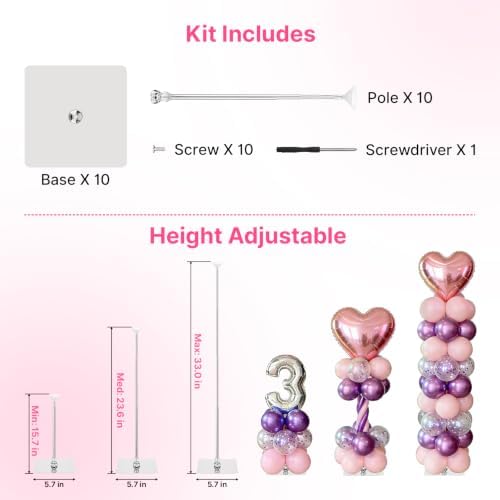 10 Pack Metal Balloon Stands for Table, Adjustable Height 15.75 to 33 Inch in 10 Pack 15.7"-33" in Silver, alternate view 4