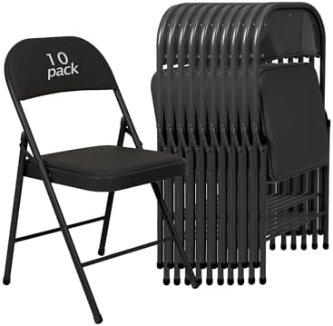 10 Pack Padded Folding Chairs, PU Leather Seat, 350 lb, Black in Black