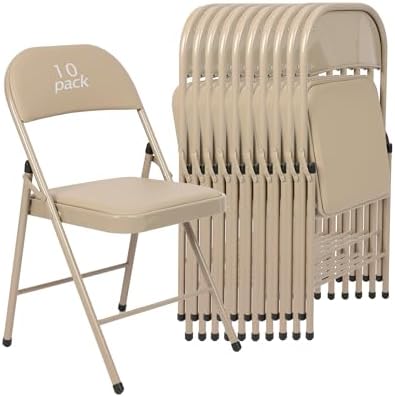 10 Pack Padded Folding Chairs, PU Leather Seat, 350 lb, Khaki in Khaki