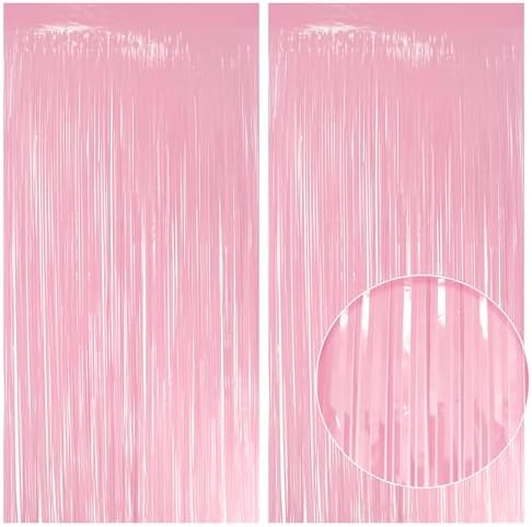 10 Pack Pastel Light Pink Fringe Backdrop, 3.2x8.2ft Shining Foil Tinsel Curtains, Birthday Party Decorations